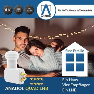 Anadol Gold Line QUAD LNB LNC 4 Teilnehmer 0.1dB Direkt Quattro Switch 4fach FULL HD TV 3D 4K + Kontakte vergoldet + Wetterschutz (ausziehbar) im SET mit 8 F-Stecker vergoldet GRATIS