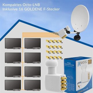 Anadol Gold Line OCTO LNB 4K LNC 8 Teilnehmer 0.1dB Direkt 8fach FULL HD TV 3D 4K + Kontakte vergoldet + Wetterschutz (ausziehbar) im SET mit 16 F-Stecker vergoldet GRATIS