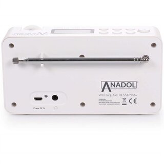Anadol ADX-P1 DAB/DAB+/UKW/FM Radio - 20 Senderspeicherplätze, tragbar, zweizeiliger LCD-Display, Sleep-Timer, Akku & Netzbetrieb, Lautsprecher & Kopfhöreranschluss, USB-Ladekabel - weiß