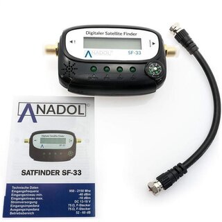 Anadol SF33 LCD Satfinder/Messgerät mit Kompass, Ton, Verbindungskabel, deutsche Bedienungsanleitung und vergoldete F-Anschlüsse zur Optimierung/Justierung Ihrer Sat Antenne
