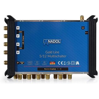 Anadol Gold Line 5/12 digitaler Multischalter [ Test SEHR GUT ] Multiswitch für 1 Satellit und 12 Ausgänge/Receiver - mit externem Netzteil - 17 vergoldete F-Stecker gratis