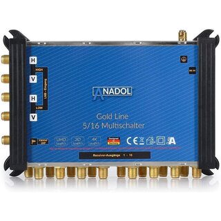 Anadol Gold Line 5/16 digitaler Multischalter [ Test SEHR GUT ] Multiswitch für 1 Satellit und 16 Ausgänge/Receiver - mit externem Netzteil - 21 vergoldete F-Stecker gratis