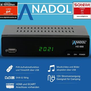 Anadol HD 888 - PVR Aufnahmefunktion, Timeshift, - UNICABLE - Digital HDTV Sat-Receiver für Satelliten-Fernseher - Astra & Hotbird vorinstalliert - HDMI SCART USB DVB-S/S2