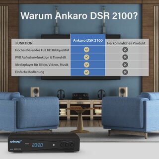 Ankaro 2100 DSR Sat-Receiver - HD Satelliten Receiver mit USB-Mediaplayer Funktion - DVB-S/S2 Receiver für Satellit - Astra & Hotbird vorinstalliert + Anadol HDMI Kabel (Mit PVR Aufnahmefunktion)