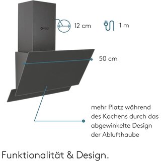 Wiggo Dunstabzugshaube 50cm kopffrei I Abluft Umluft Dunstabzug 300m/h - LED Touch-Display 3 Stufen I Schrghaube inkl. Fettfilter & 2x Kohlefilter I Abzugshaube mit 2 teiliger Glasfront grau