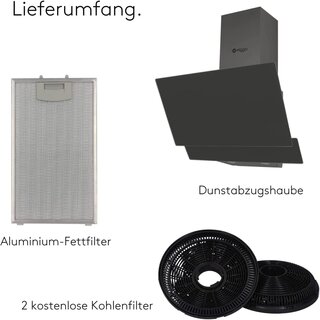 Wiggo Dunstabzugshaube 50cm kopffrei I Abluft Umluft Dunstabzug 300m/h - LED Touch-Display 3 Stufen I Schrghaube inkl. Fettfilter & 2x Kohlefilter I Abzugshaube mit 2 teiliger Glasfront grau