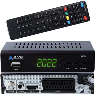 Anadol HD 666 digital Sat Receiver mit PVR Aufnahmefunktion & AAC-LC fähig, für Satelliten TV, Timeshift, SCART, USB, Satellit Satellite, HDMI, DVB S2, Full HD, Astra Hotbird Sortiert + HDMI Kabel